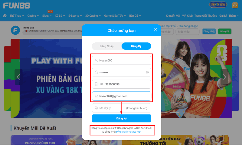 rà soát thông tin và chọn đăng ký Fun88