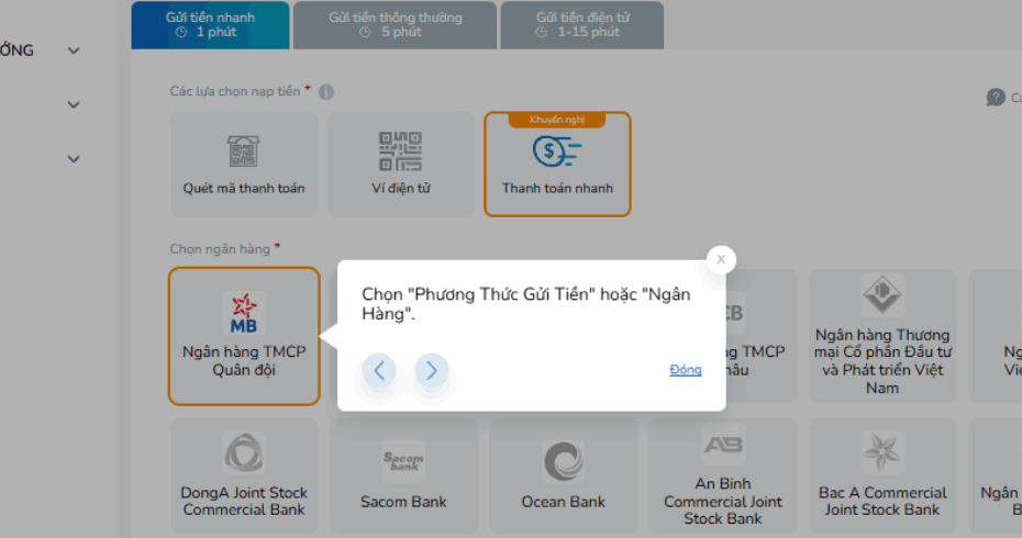 cách nạp tiền BK8