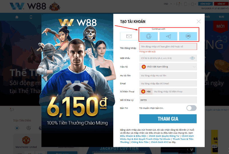 hình thức đăng ký W88