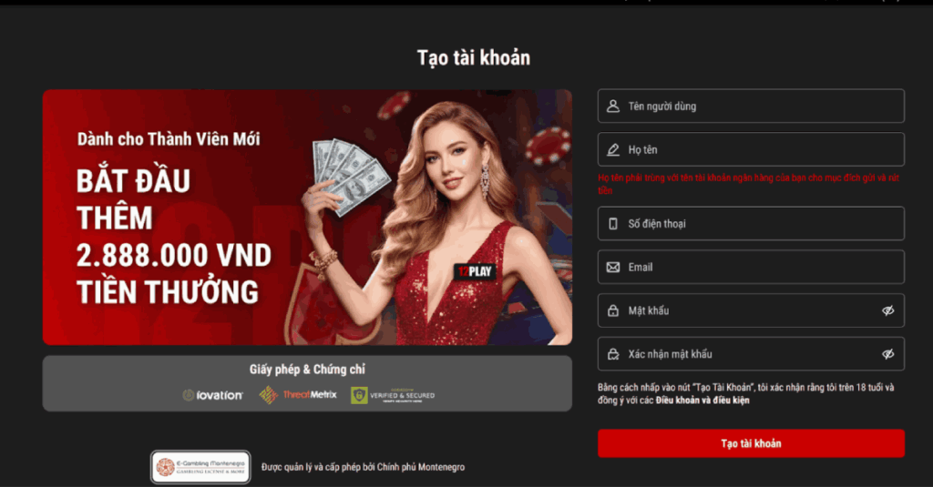 điền thông tin đăng ký 12Play