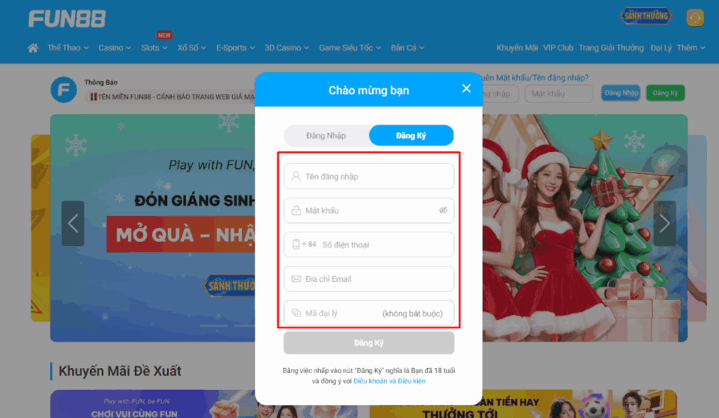 điền thông tin đăng ký Fun88