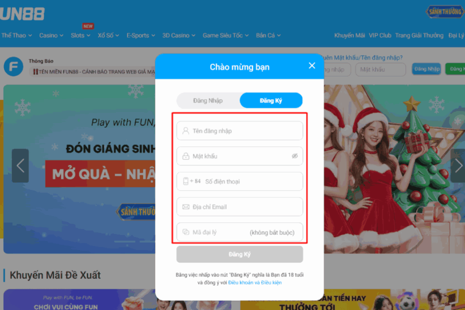 điền thông tin đăng ký Fun88