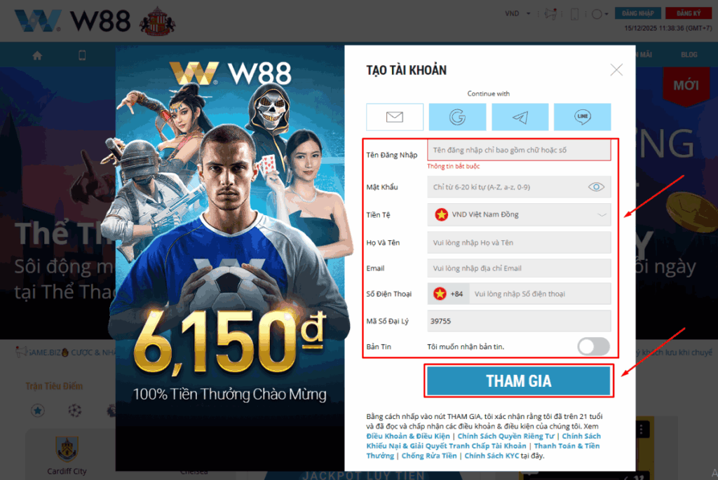 điền thông tin đăng ký W88