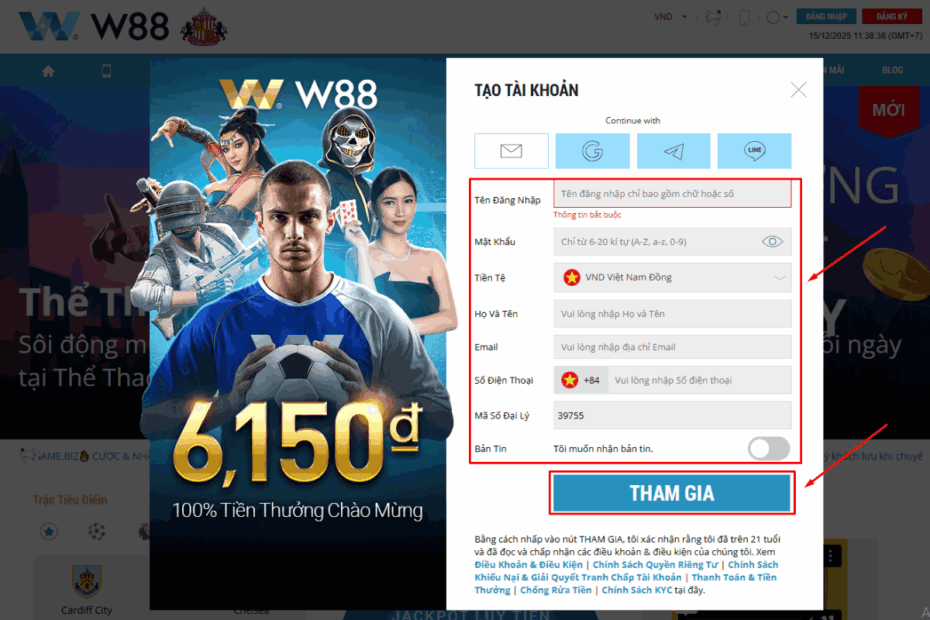 thông tin đăng ký W88