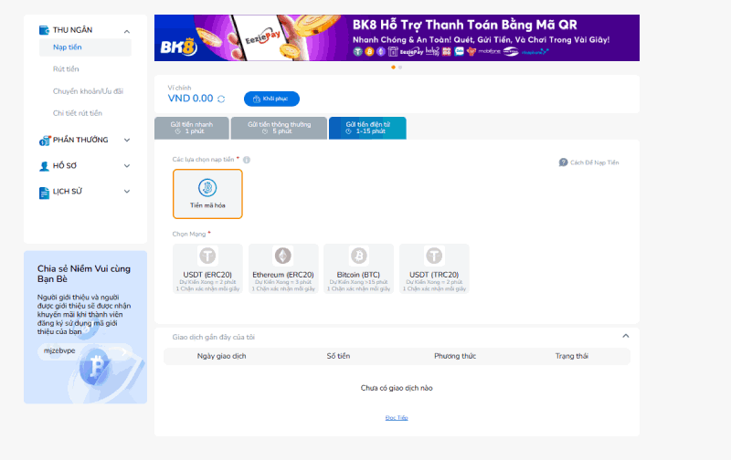 gửi tiền điện tử BK8