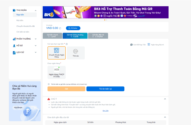 gửi tiền thông thường BK8