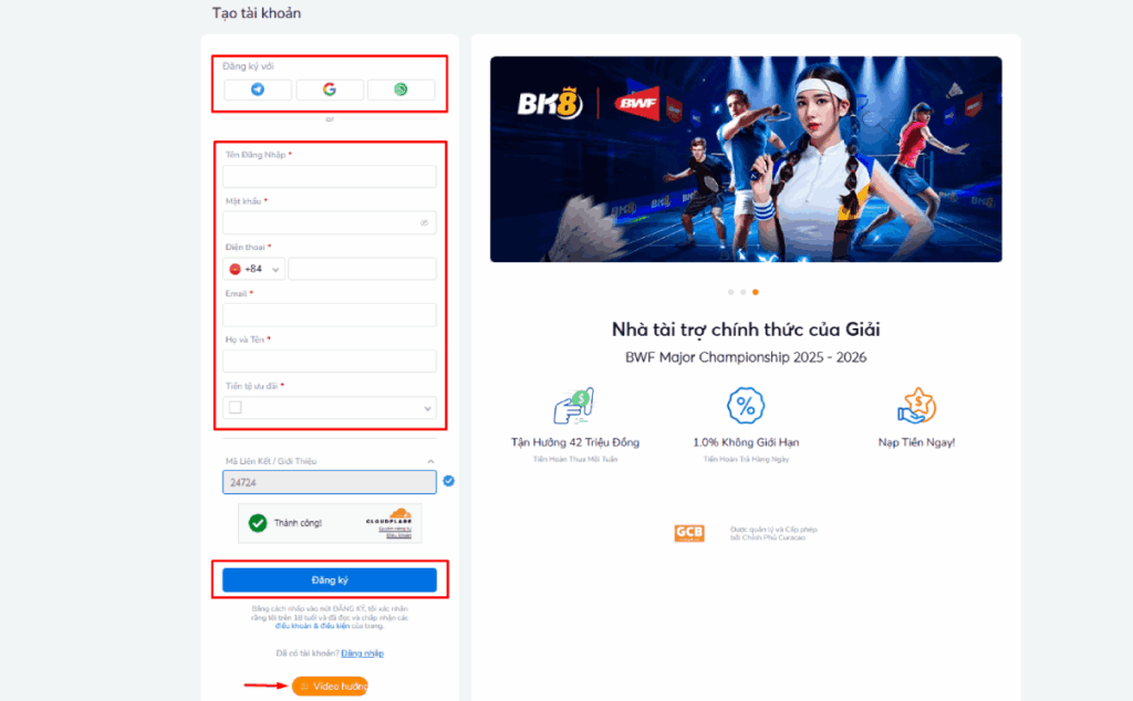 điền thông tin đăng ký BK8