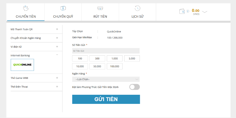 Nạp tiền W88 internet banking