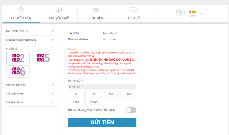 Nạp tiền W88 bằng ví điện tử