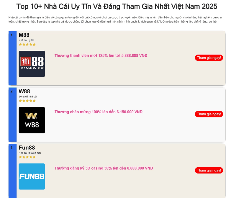 trang nhà cái top 10