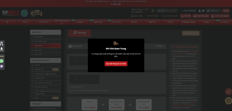 cập nhật thông tin rút tiền 12BET