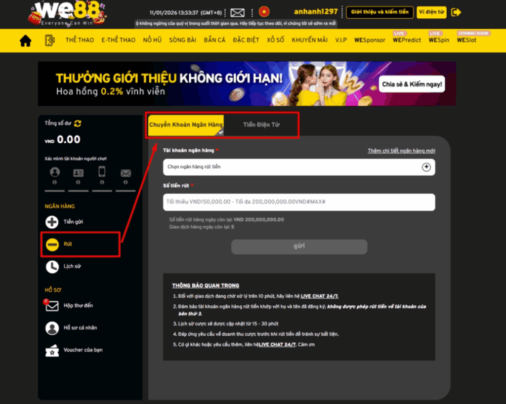 phương thức rút tiền WE88