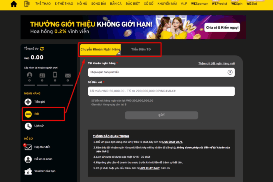 phương thức rút tiền WE88