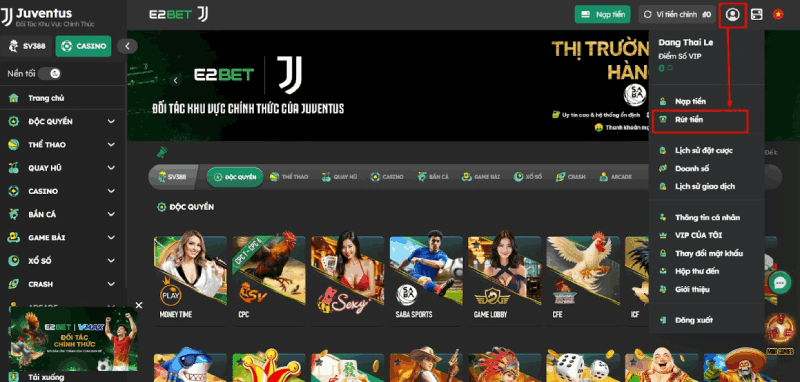 chọn rút tiền E2BET