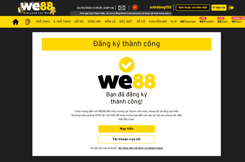 đăng ký WE88 thành công