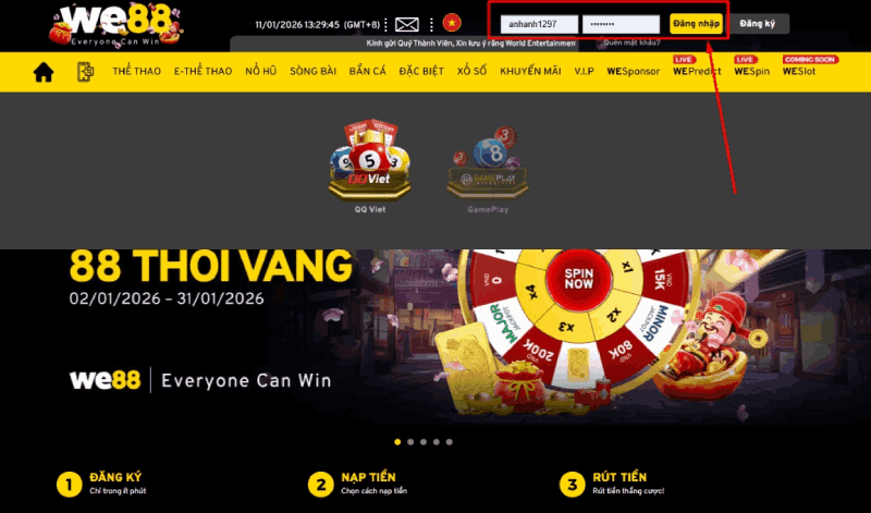 Đăng nhập WE88 để rút tiền