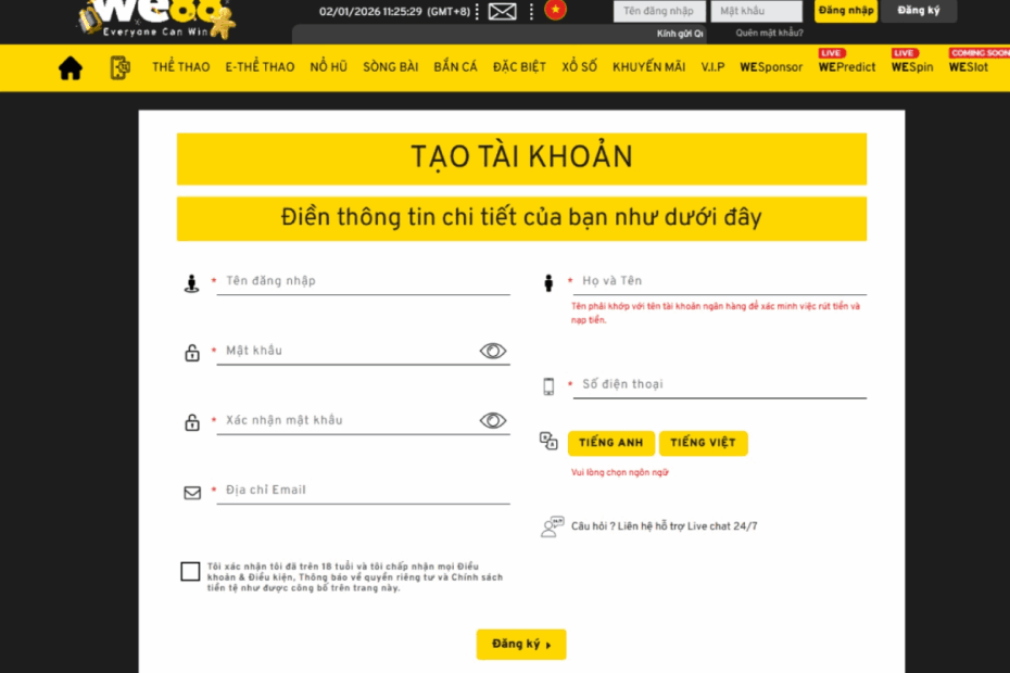 điền form đăng ký we88