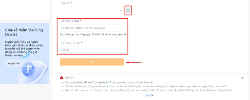 điền số tiền rút BK8