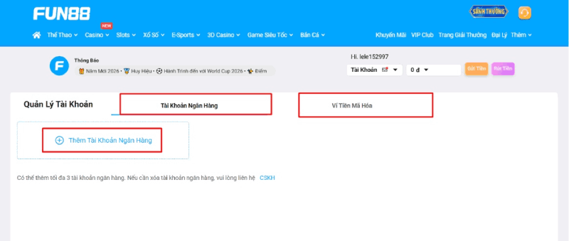 cập nhật tài khoản rút tiền Fun88