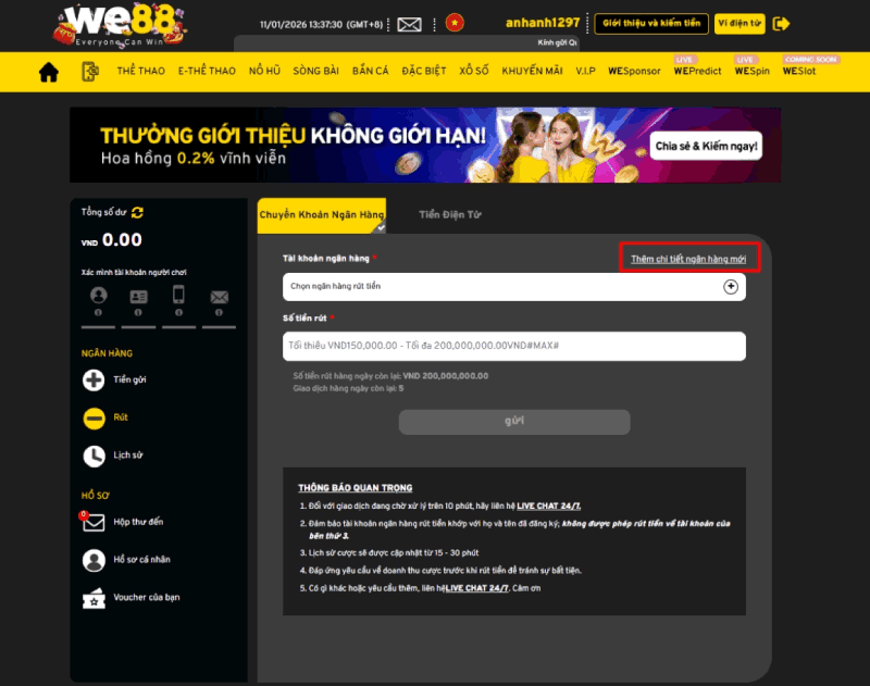 thêm thông tin tài khoản chi tiết WE88