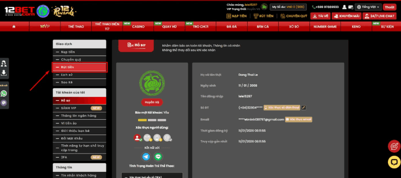 Tiến hành rút tiền 12BET