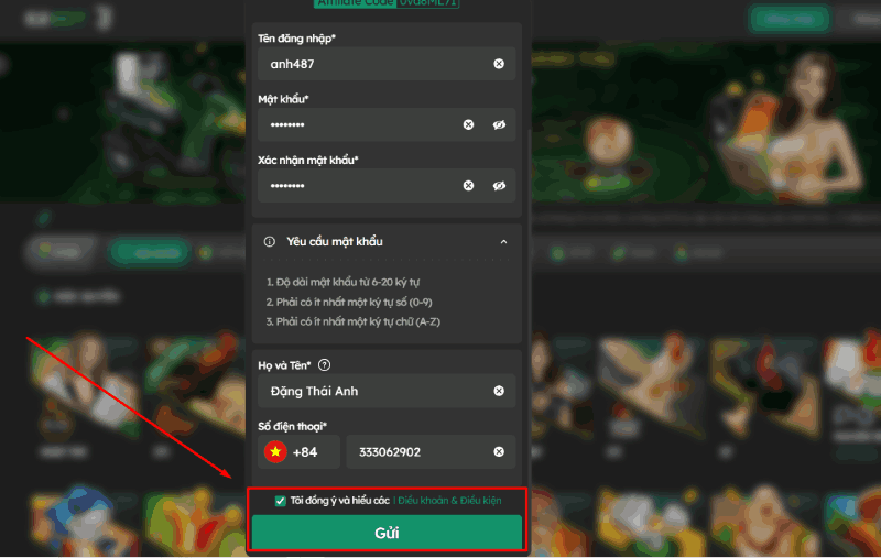 gửi thông tin đăng ký E2BET